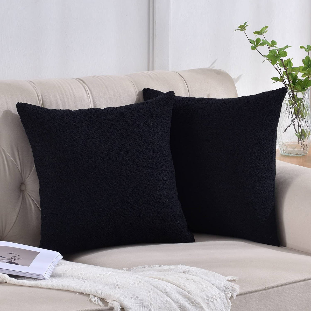 Rythome Set Of 2 Cozy Boucle-Like Textured Throw Pillow Covers For Couch And Bed - 20'X20', Black