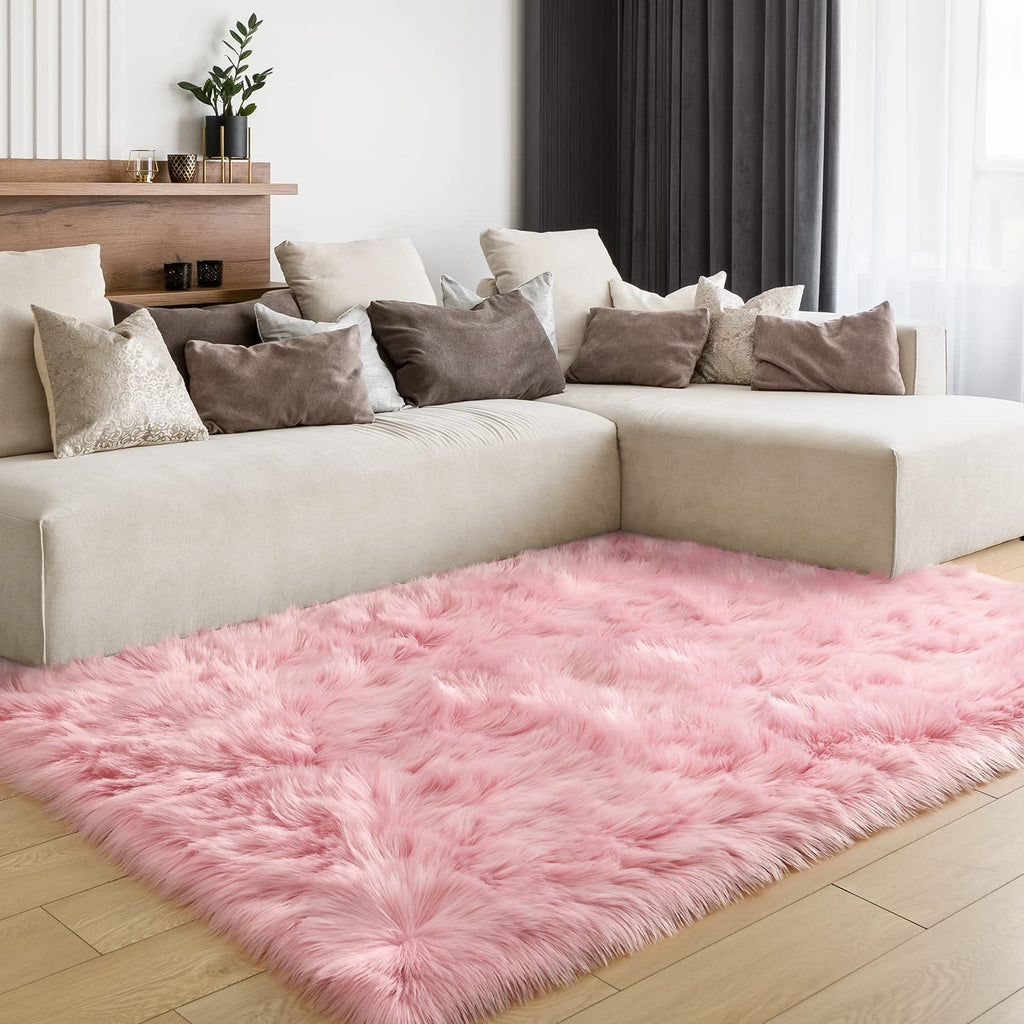 Lochas Soft Fluffy Pink Faux Fur Rugs For Bedroom Bedside Rug 4X6 Feet, Washable, Furry Sheepskin Area Rug For Living Room Girls