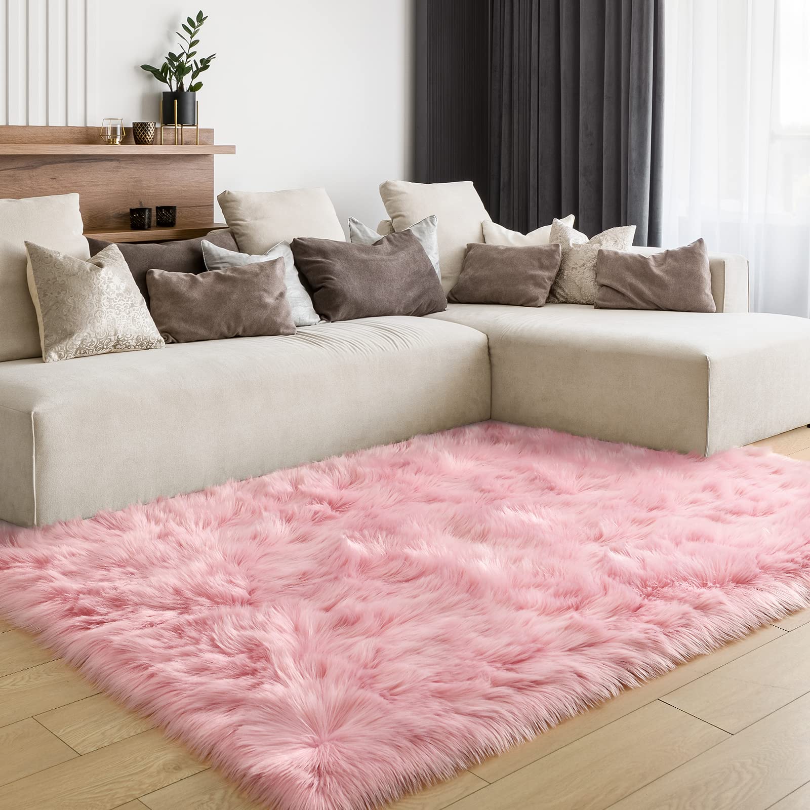 Lochas Soft Fluffy Pink Faux Fur Rugs For Bedroom Bedside Rug 4X6 Feet, Washable, Furry Sheepskin Area Rug For Living Room Girls