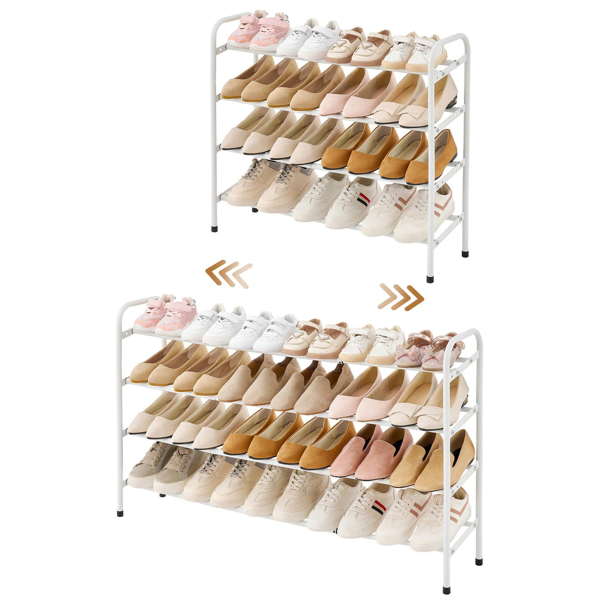 Gewudraw 4-Tier Shoe Rack Expandable, Width Adjustable Shoe Shelf Storage Organizer, 41.53'' Metal Standing Shoe Rack For Bedroom Entryway Closet, Holds Up To 24 Pairs Shoes, White