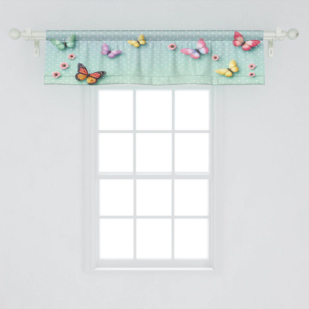 Ambesonne Butterfly Window Valance Pack Of 2, Polka Dot Backdrop With Wings Of Spring And Blushy Sakura Flowers, Rod Pocket Curtain Valances Kitchen Bedroom, 54' X 12',Mint Green And Multicolor