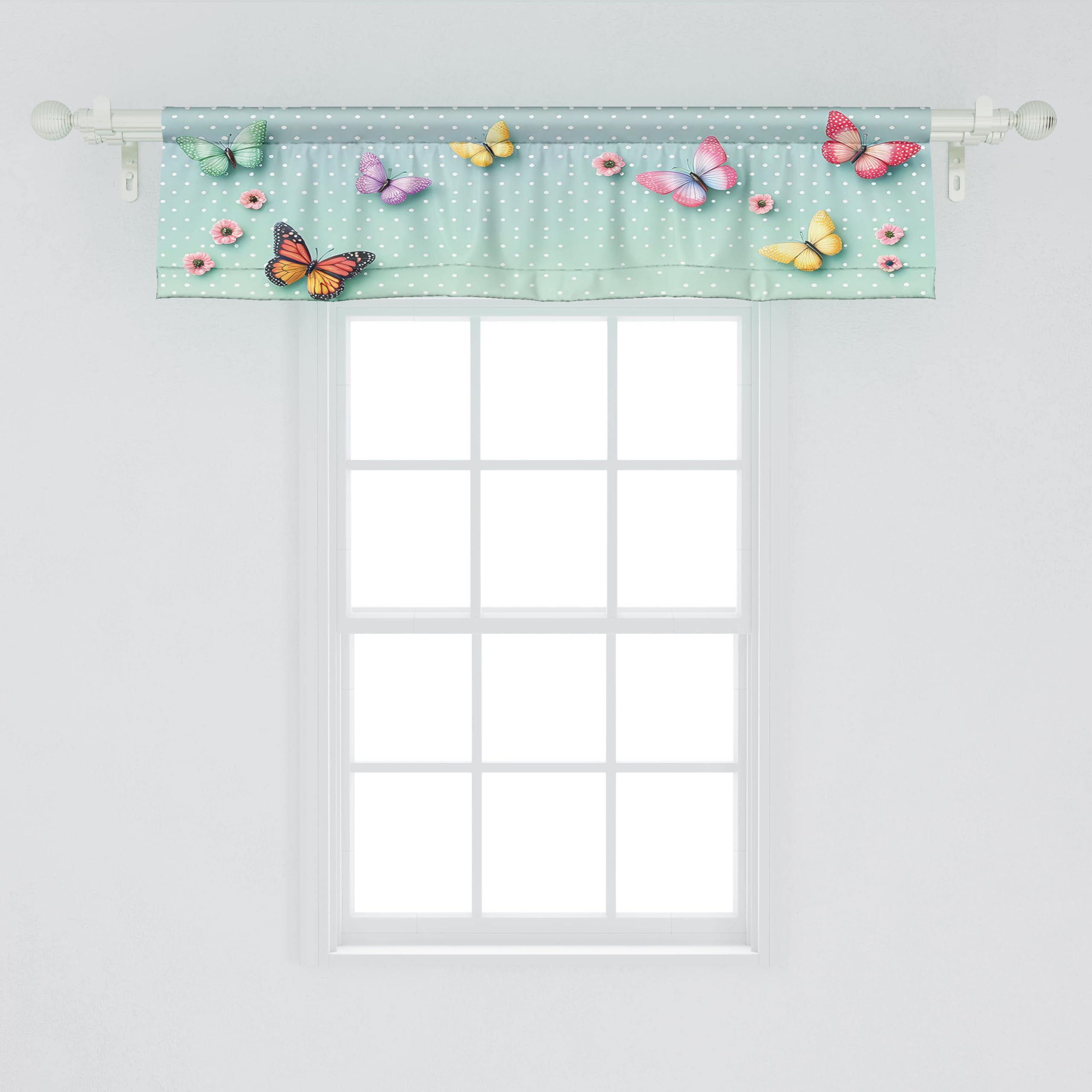 Ambesonne Butterfly Window Valance Pack Of 2, Polka Dot Backdrop With Wings Of Spring And Blushy Sakura Flowers, Rod Pocket Curtain Valances Kitchen Bedroom, 54' X 12',Mint Green And Multicolor