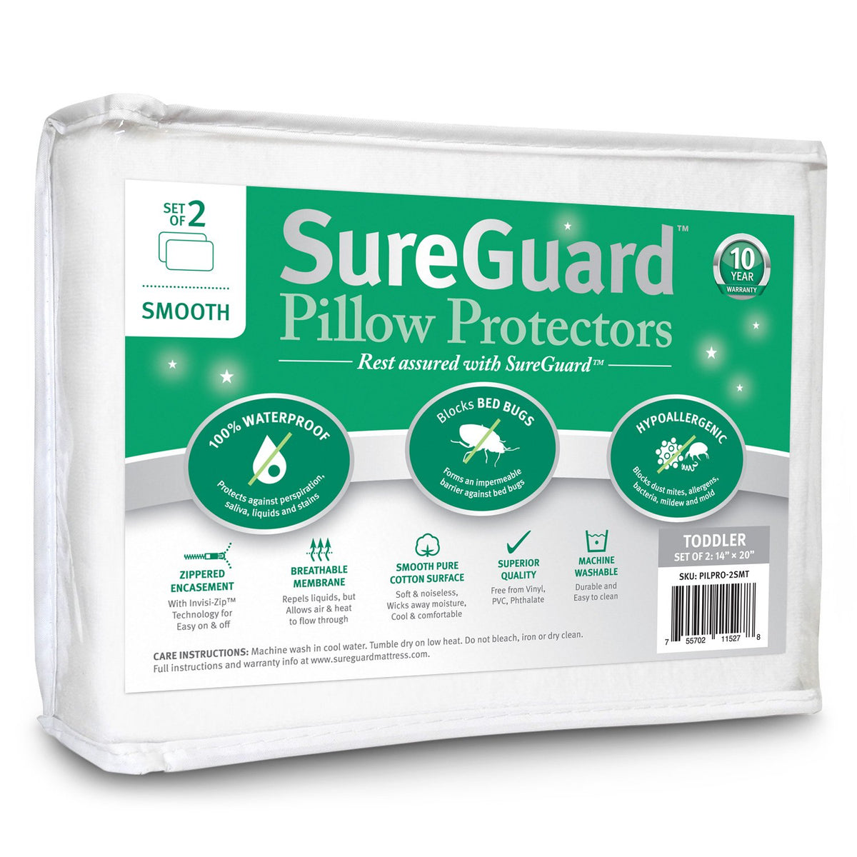 Set Of 2 Travel Size Sureguard Pillow Protectors - 100% Waterproof, Bed Bug Proof, Hypoallergenic - Premium Zippered Cotton Cove