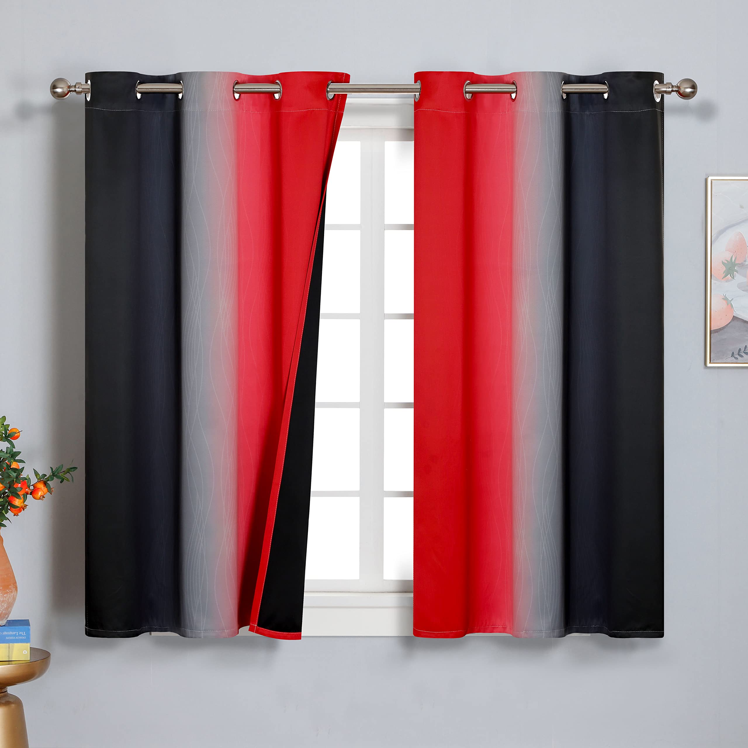 Estelar Textiler Red And Black Blackout Curtains 54 Inch Length, Light Blocking Gradient Grommet Drapes For Living Room, Room Da