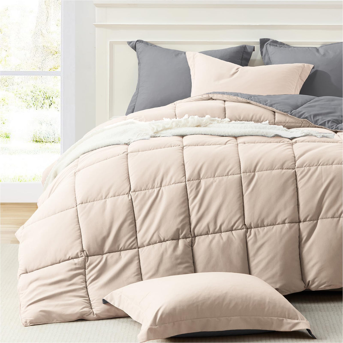 Homelike Moment Queen Comforter Set Beige, Comforters Queen Size Set Lightweight Reversible Down Alternative Bed Comforter Full