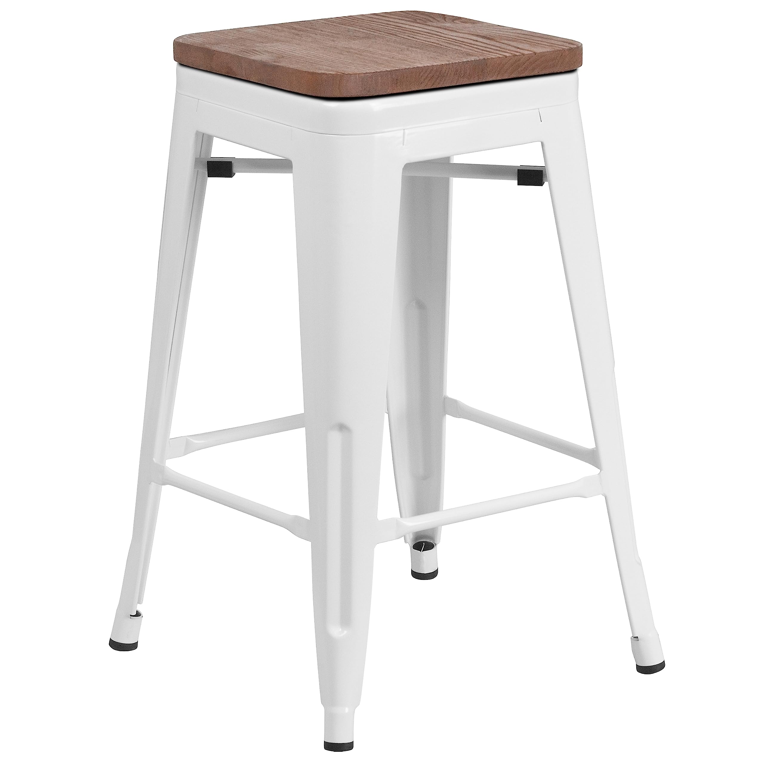 Flash Furniture Lily 24&quot; High Backless White Metal Counter Height Stool With Square Wood Seat (Pack Of 1)