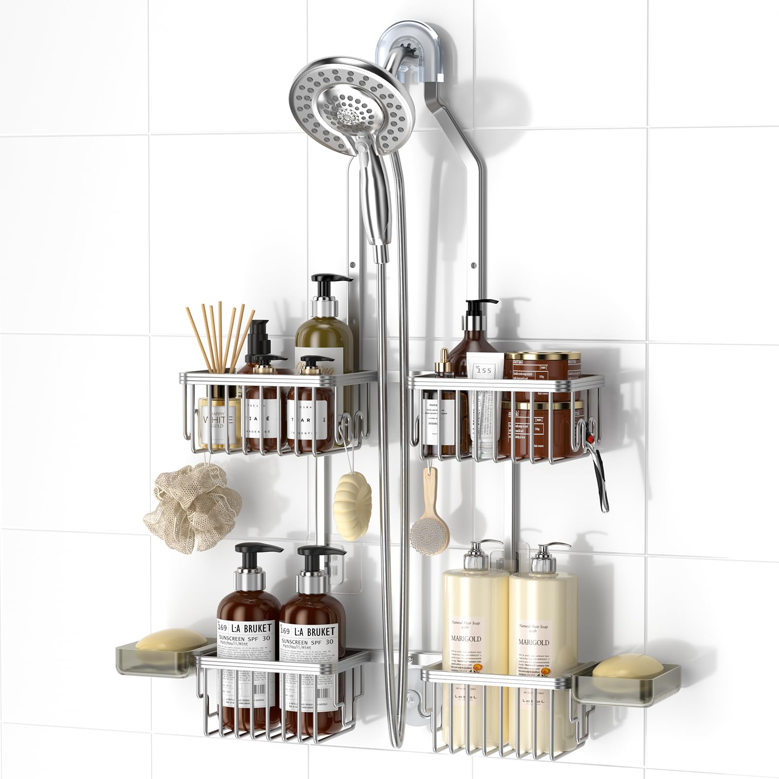 REINHARDT Aluminum Shower Caddy Hanging Adjustable Shower Caddy, Rustproof Hanging Shower Organizer with Hooks Soap Holders, Ove