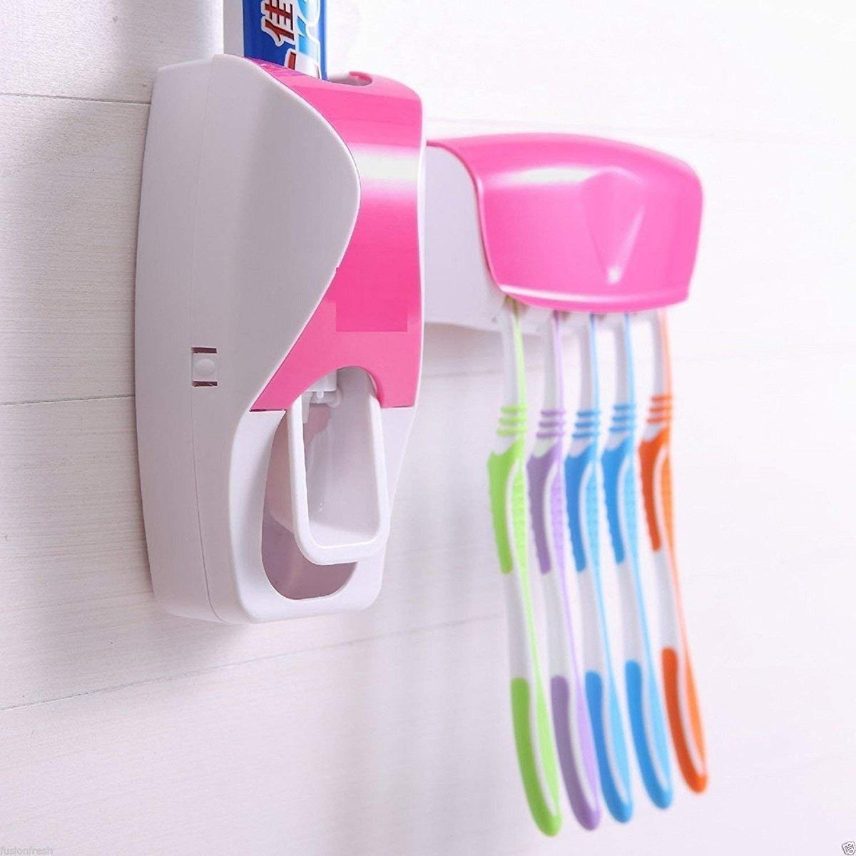 Praxon Plastic Automatic Hands Free Toothpaste Dispenser With Detachable 5 Hole Toothbrush Holder For Bathroom (Multi Color)