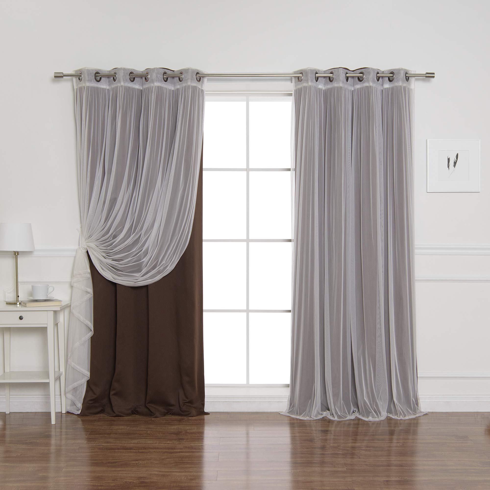 Best Home Fashion Umixm Tulle Sheer Lace & Blackout 4 Piece Curtain Set - Antique Bronze Grommet Top - Chocolate - 52' W X 96'