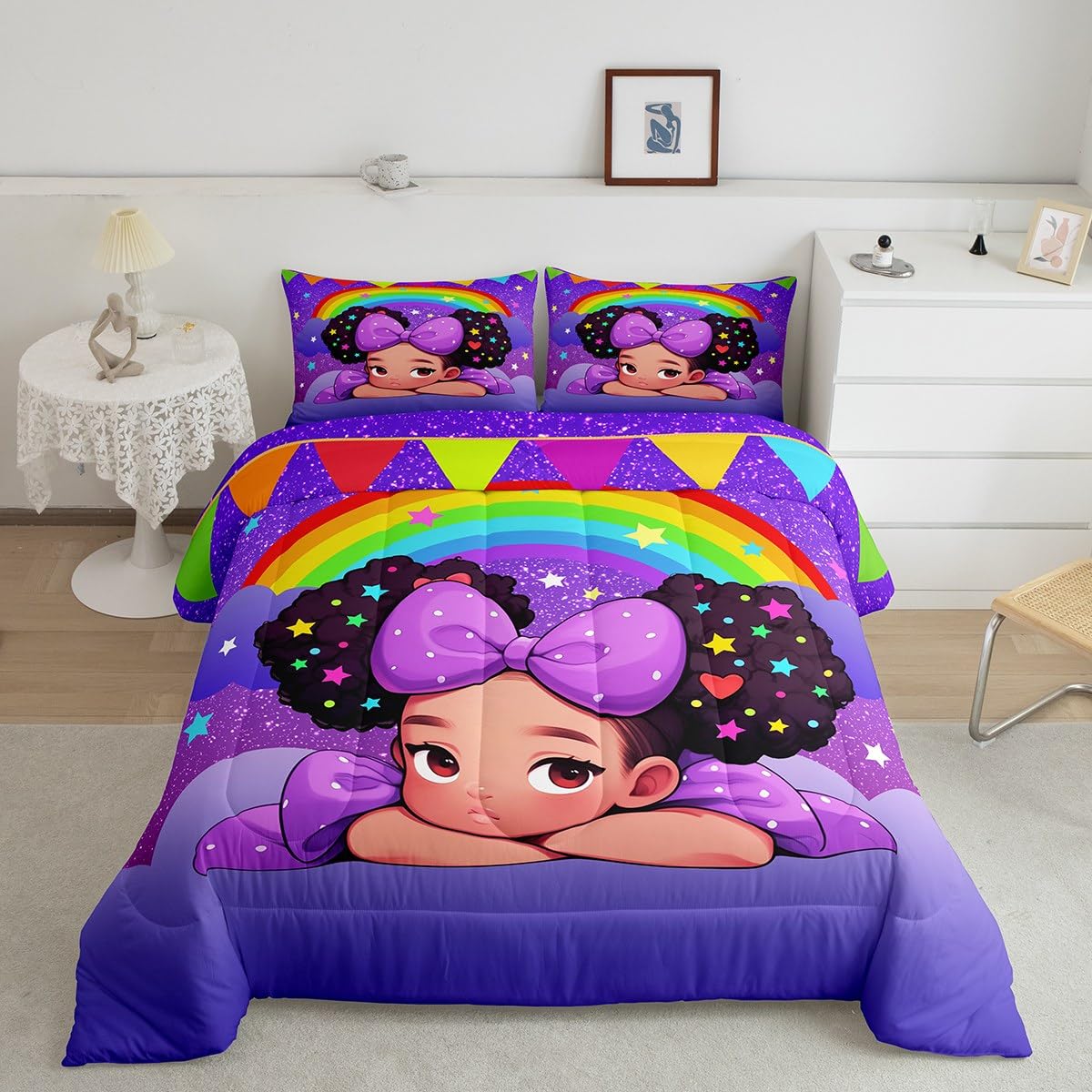 Black Princess Girl Comforter Set Full Size,African Theme American Kids Teens Bedding Set Glitter Starry Sky Rainbow Purple Quil