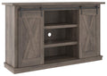 Benjara Wooden TV Stand with 2 Cross Barn Sliding Doors, Brown