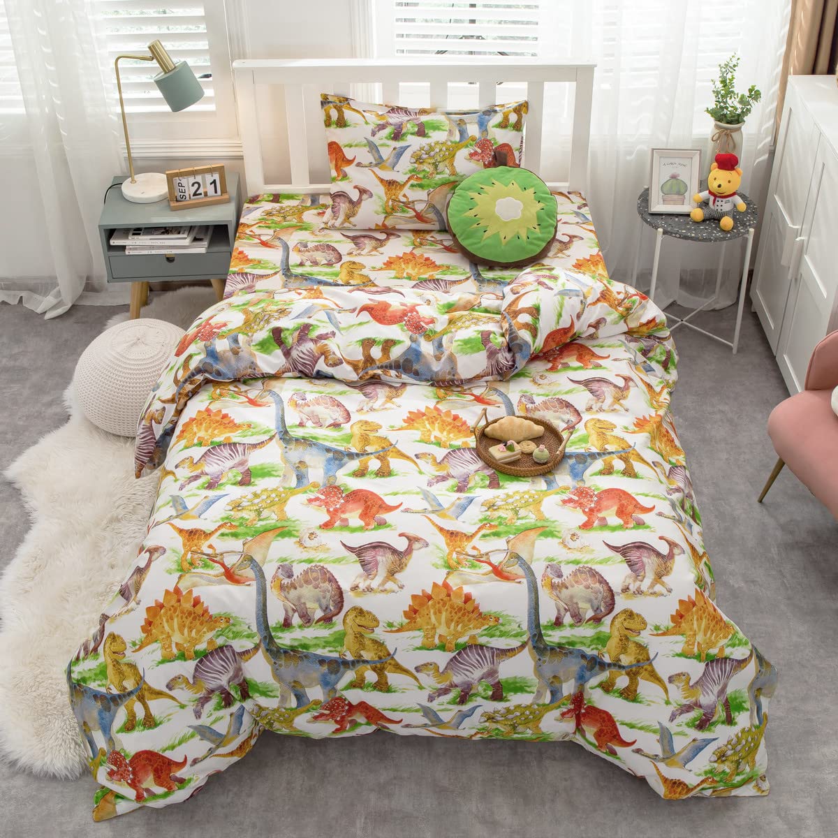 Feelyou Dinosaur Bedding Set For Boys Girls Reversible Dinosaur Bedding Kids Duvet Cover Full 3 Pieces Cute Cartoon Dino Bed Set