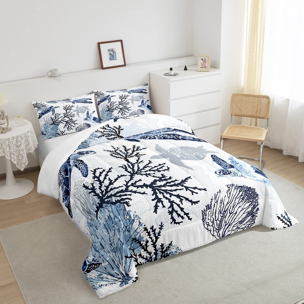 Turtle Comforter Set Queen,White Blue Hawaiian Turtle Bedding For Kids,Reptile Tortoise Quilt Duvet Set Coastal Beach Theme Comf