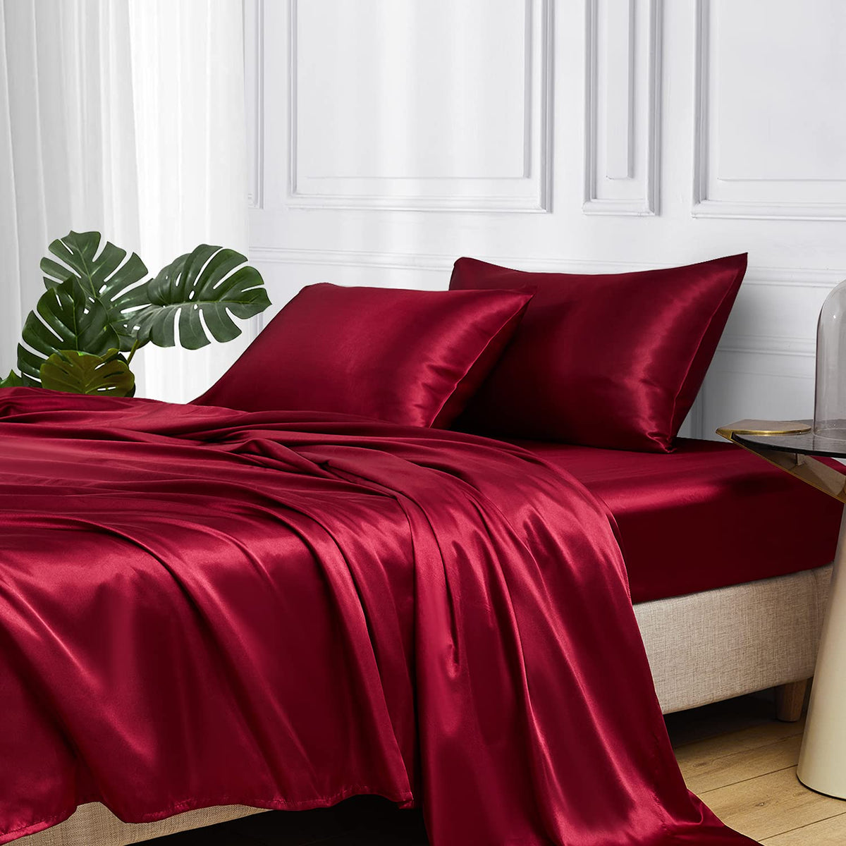 Mr&Hm Satin Bed Sheets, Twin Xl Size Sheets Set, 3 Pcs Silky Bedding Set With 15 Inches Deep Pocket For Mattress(Twin Xl, Burgun
