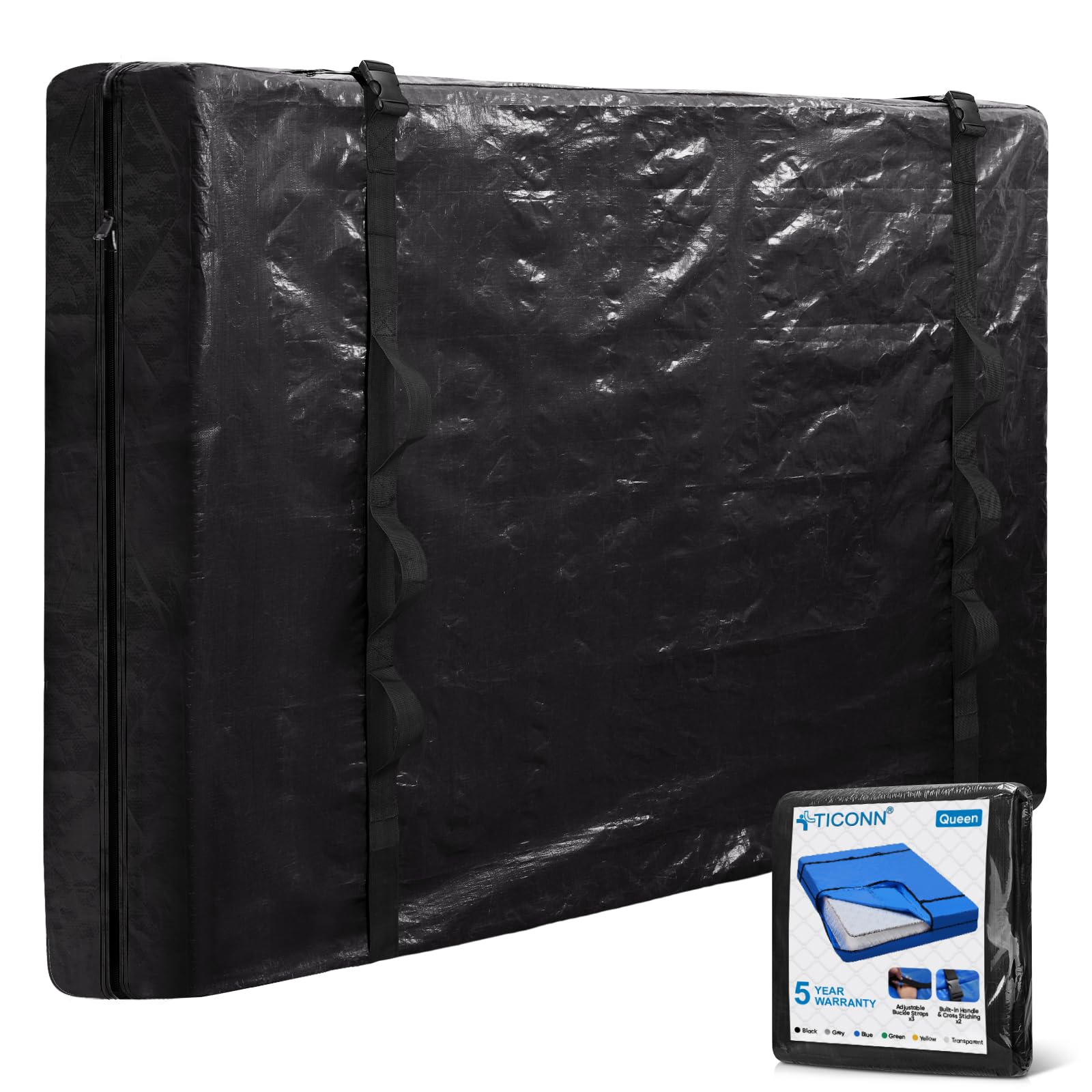Ticonn Mattress Bags For Moving, Queen Mattress Cover For Moving, Heavy Duty, Full-Around Handle With Adjustable Buckles, Mattress Storage Bag & Moving Supplies (Black, Queen)