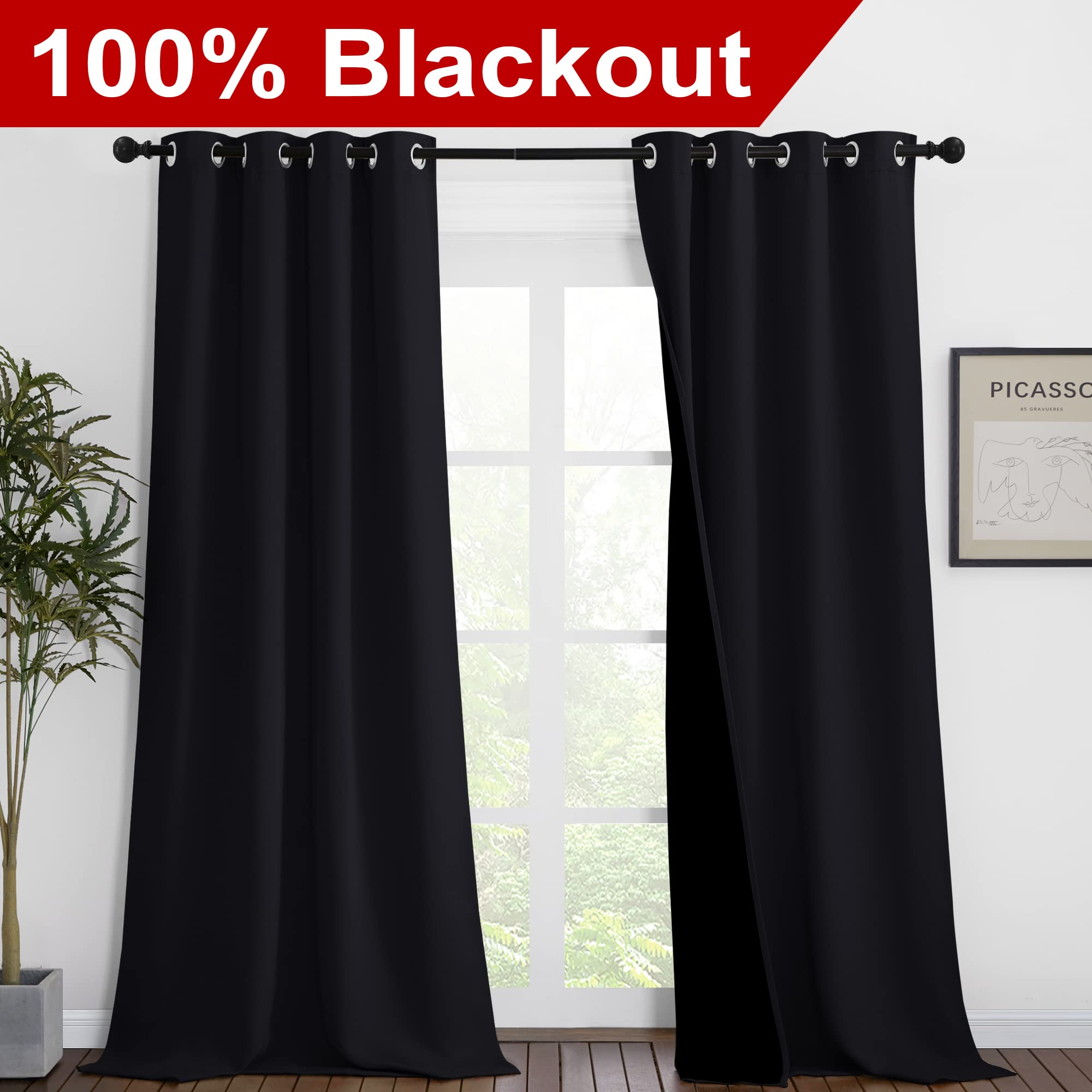 Nicetown Extra Long Truly Blackout Drapes For Hall And Villa, 46-Inch Width Each Panel, 96-Inch Length, Black, 2 Pieces, 100% Blackout Window Curtain Panels With Black Lined For Night Shift Worker