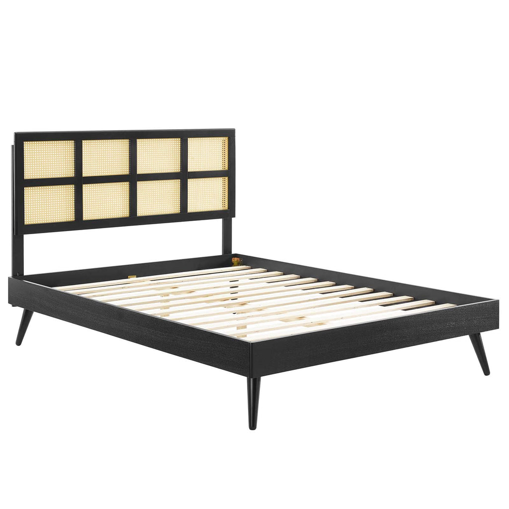 Modway Sidney Cane Rattan And Wood Queen Platform Bed In Black With Splayed Legs