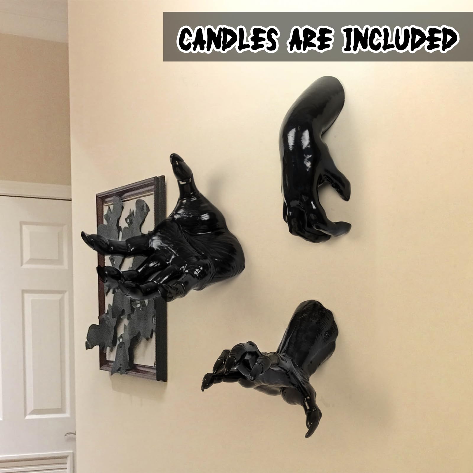 Dazonge Halloween Decorations Indoor/Outdoor, Pack Of 3 Wall Mounted Creepy Reaching Hands With Lighted Candles, Life-Sized Horr