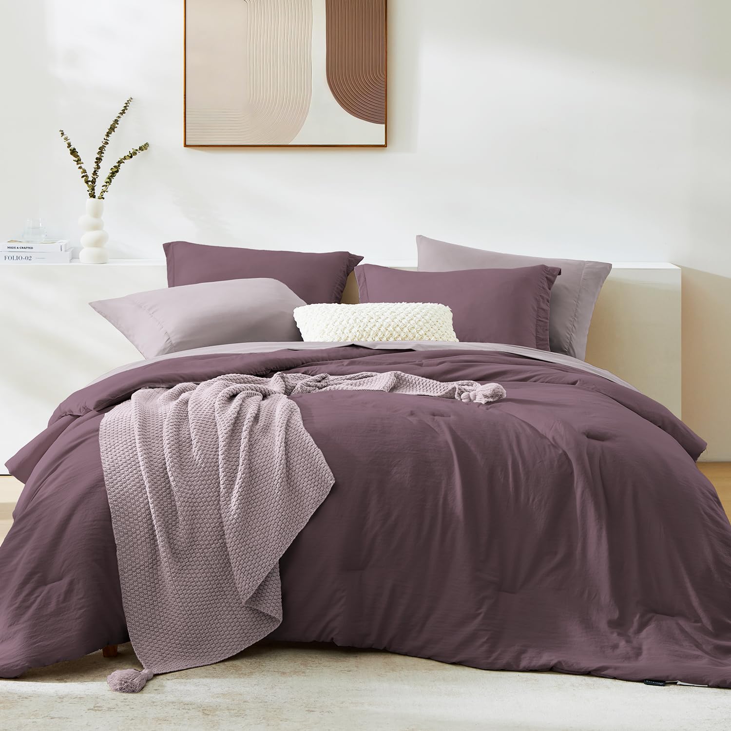 Wrensonge Full Size Comforter Set- 7 Pieces Italian Plum Bed In A Bag Full Size Comforter With Fitted Sheet, Flat Sheet, 2 Pillo