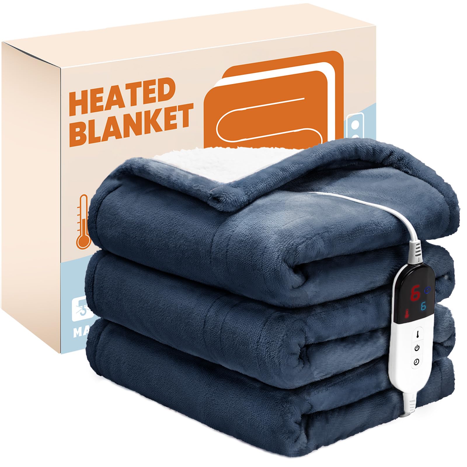 Ptq Electric Heated Blanket,Flannel & Sherpa Heated Throw Blanket 50'X60',Fast Heating Soft Fleece Blanket With 6 Heating Leve