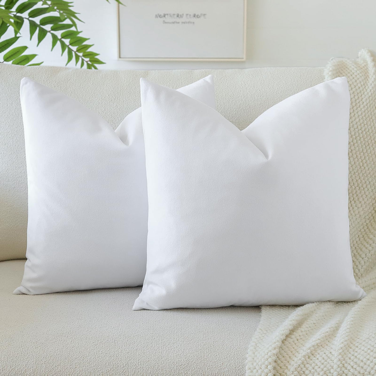 Otostar Decorative Throw Pillow Covers 16 X 16 Inch Soft Velvet Cushion Covers Solid Square Throw Pillow Cases For Couch Bed Home Sofa Car Decor Set Of 2 (Pure White)