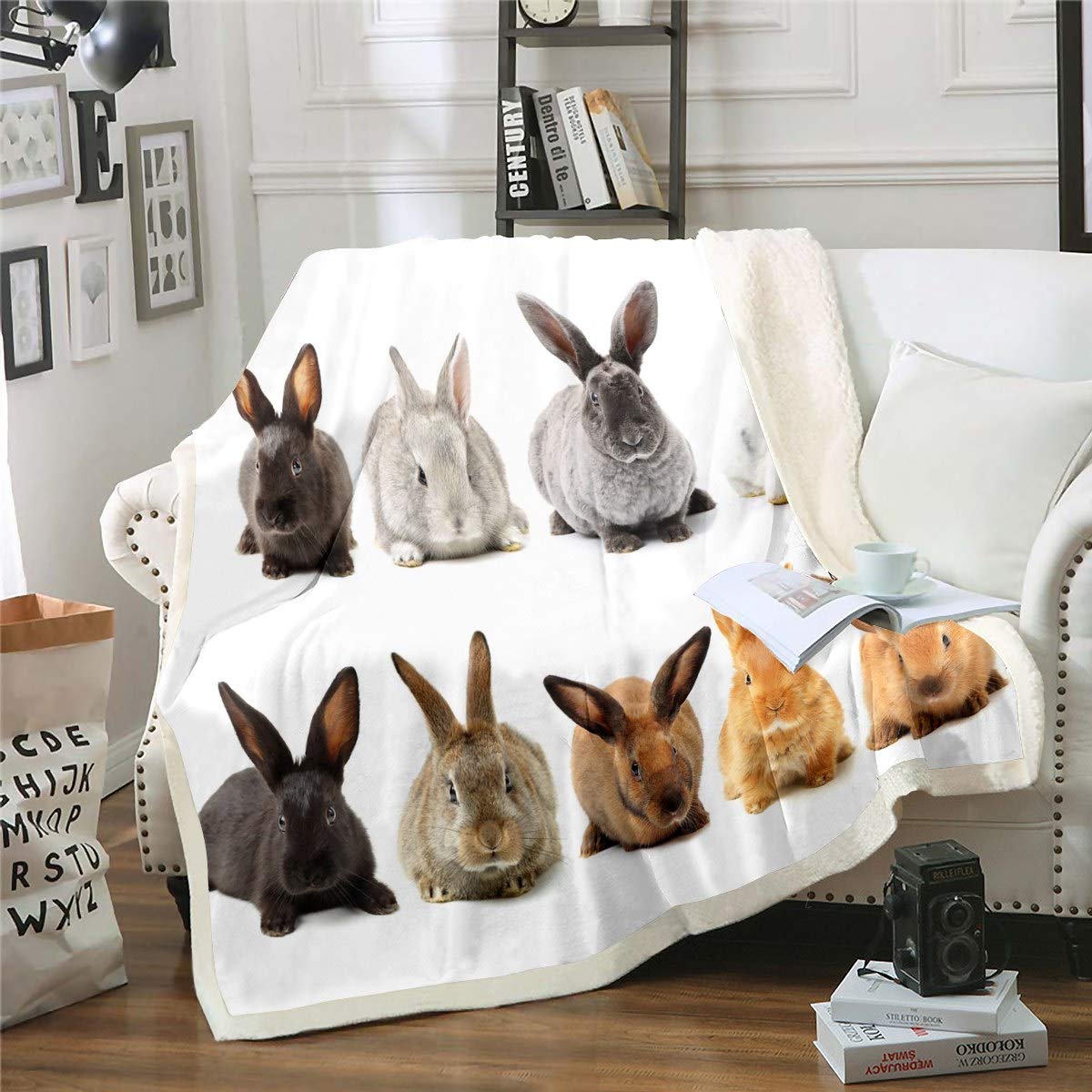 Girls Cute Rabbit Fleece Throw Blanket For Sofa Couch Daughter 3D Pet Animal Theme Sherpa Blanket Lovely Hare Plush Blanket Room