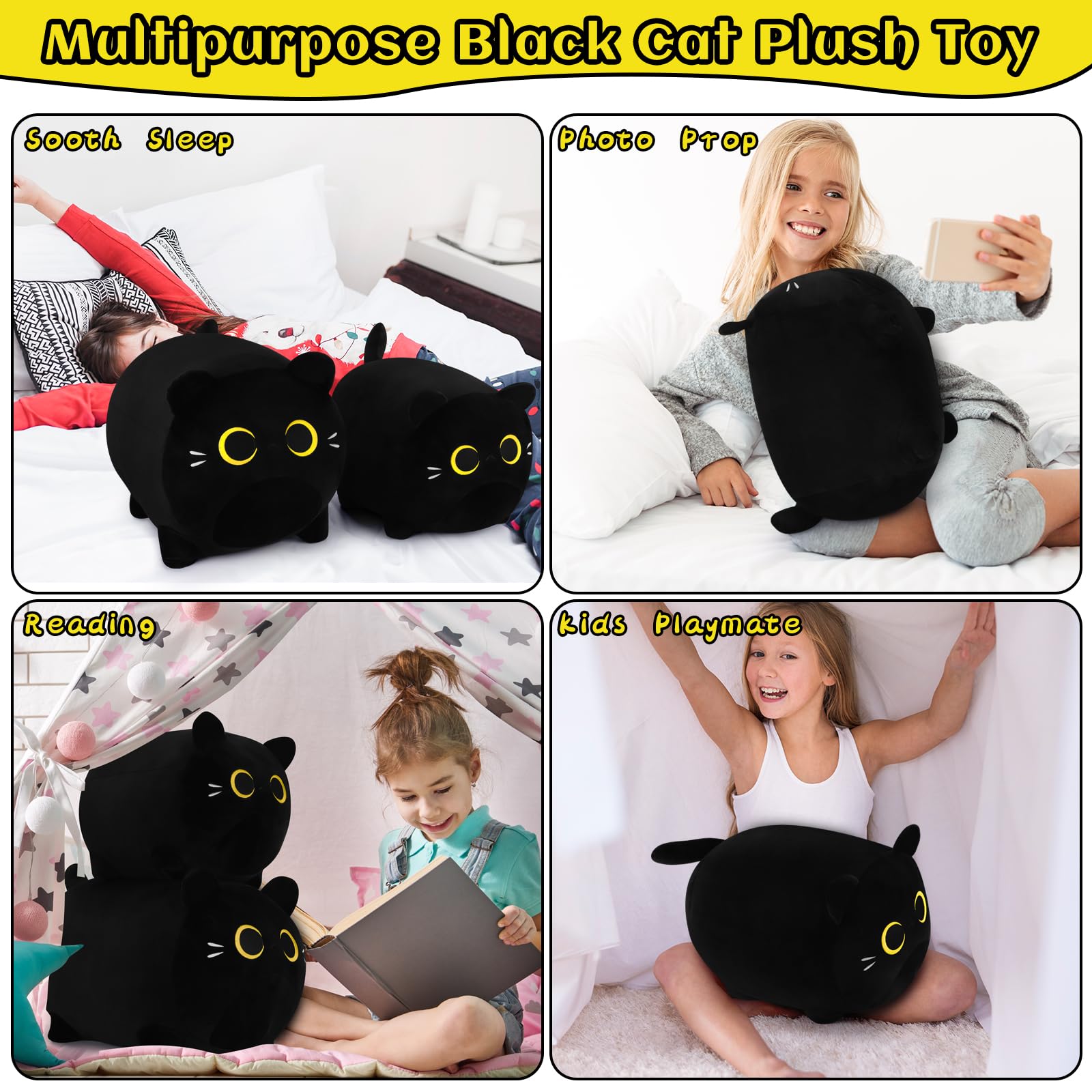 Black Cat Plush Pillows-20' Black Cat Plushies, Gold Eyes Black Cat Plush Pillow, Cat Anime Plush Cute Plush Cat Plushie Stuffe