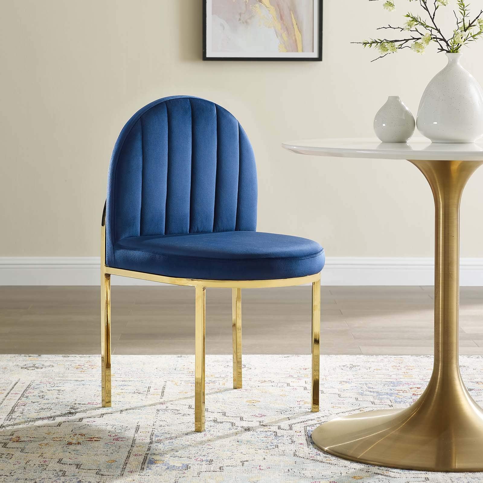 Modway Isla Channel Tufted Performance Velvet Dining Side Chair, Gold Navy