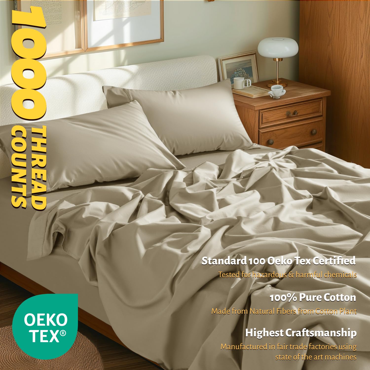 Shilucheng 100% Egyptian Cotton Queen Size Sheets Set - 1000 Thread Count,Luxury Cotton Bed Sheets,Breathable & Cooling Bedding And Pillow Cases, 16 Inch Deep Pocket - 4 Piece (Linen, Queen)