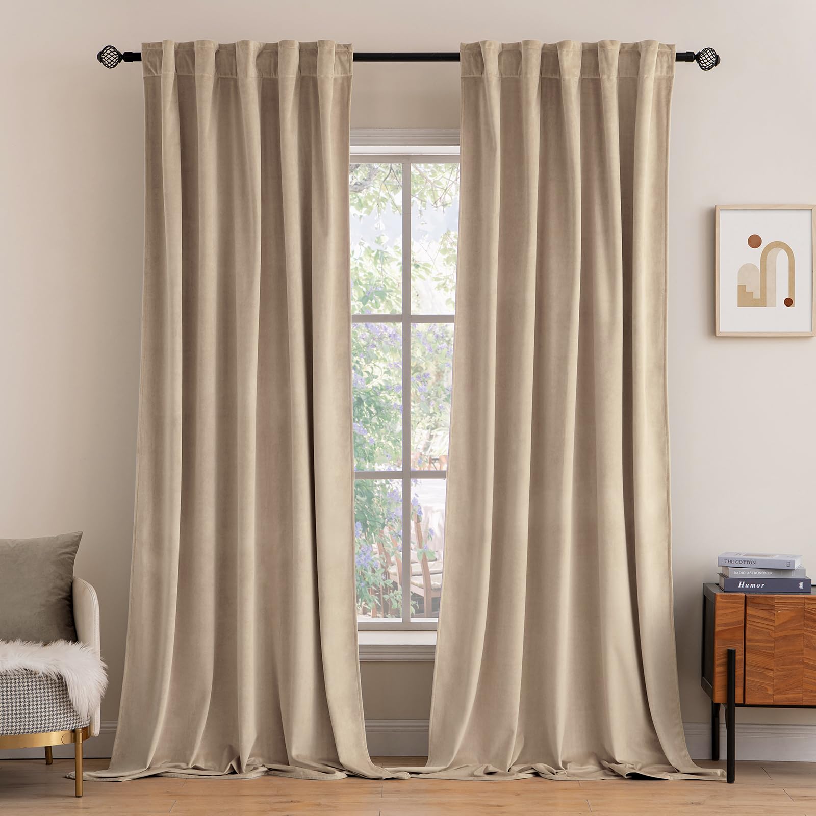 Miulee Velvet Curtains 2 Panels Luxury Blackout Curtains For Bedroom Living Room Thermal Insulated Super Soft Window Drapes Rod Pocket & Back Tab, Camel Beige, W52 X L72 Inches