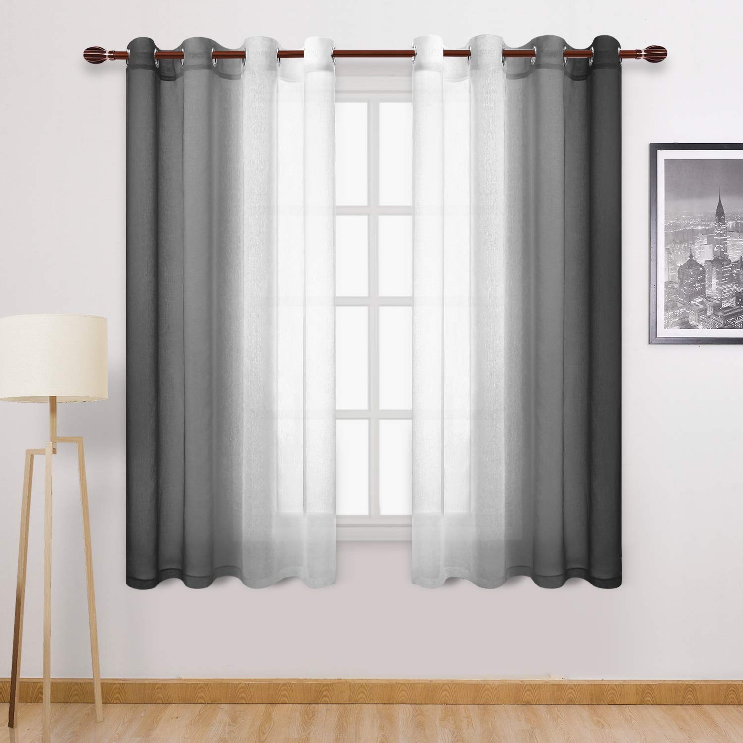 Dwcn Black Faux Linen Ombre Sheer Curtains - Gradient Semi Voile Grommet Top Bedroom And Living Room Curtains, Set Of 2 Window C