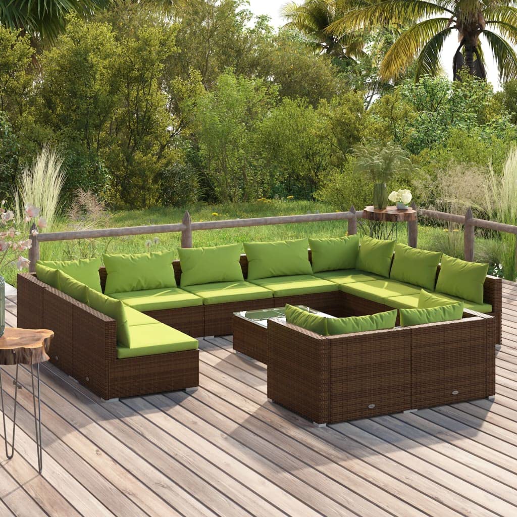 vidaXL 12 Piece Patio Lounge Set with Cushions, Brown Poly Rattan, Featuring a Sturdy Powder Coated Steel Frame, Water-Resistant Material, and Modular Design Perfect for Outdoor Use