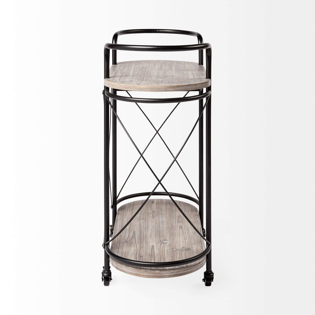 HomeRoots Cyclider Black Metal with Two Wooden Shelves Bar Cart