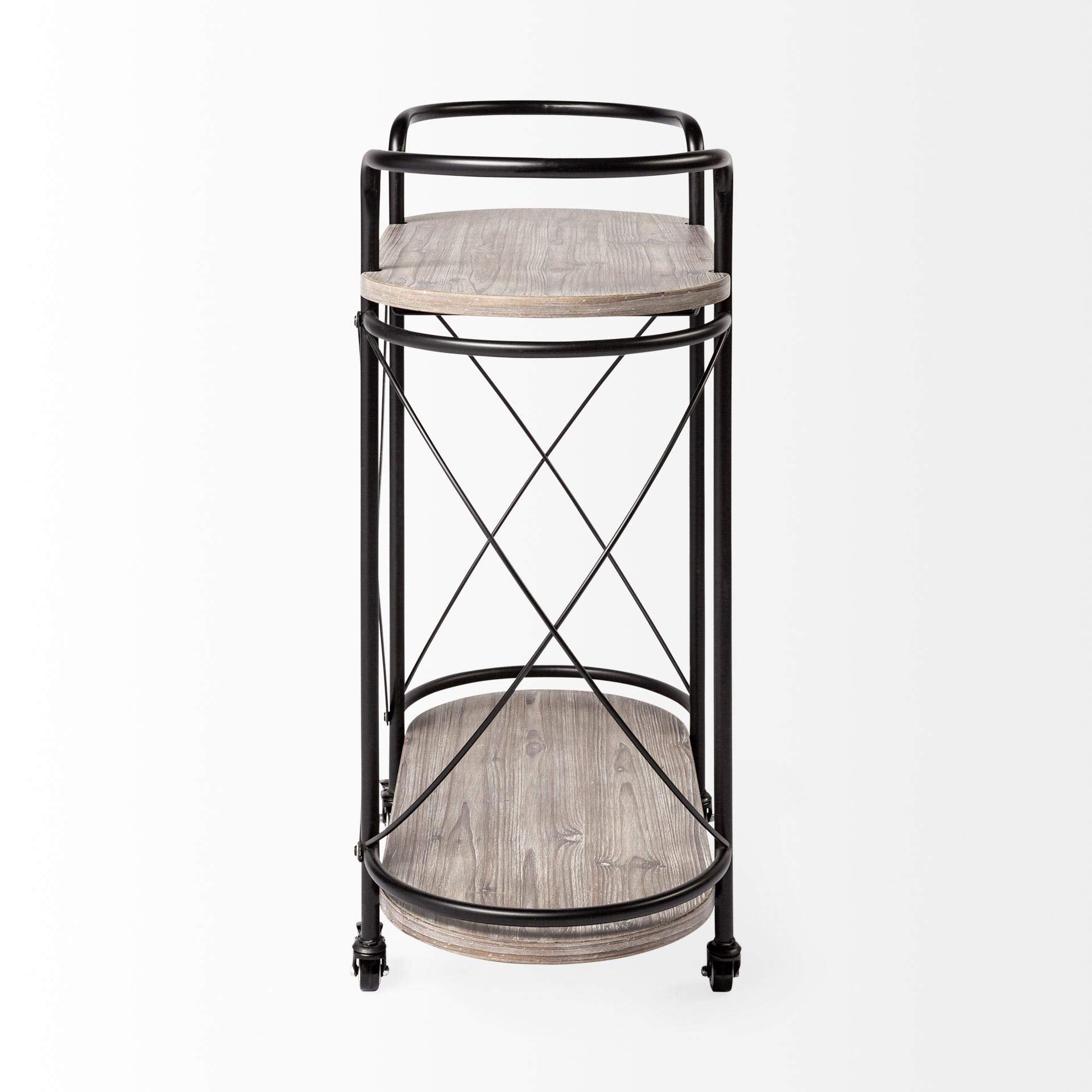 HomeRoots Cyclider Black Metal with Two Wooden Shelves Bar Cart