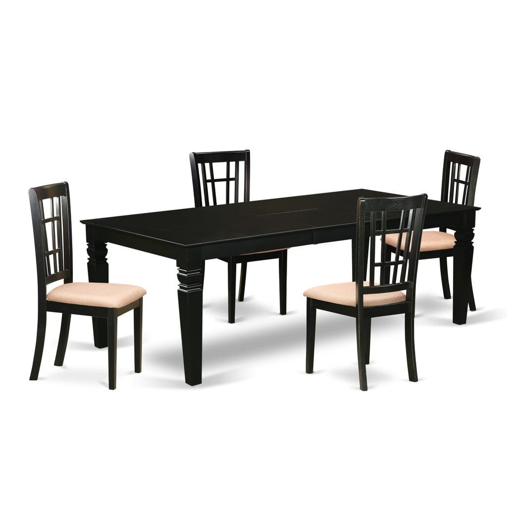 East West Furniture LGNI5-BLK-C 5 Piece Kitchen Table Set for 4 Includes a Rectangle Dining Table with Butterfly Leaf and 4 Linen Fabric Dining Room Chairs, 42x84 Inch, Black
