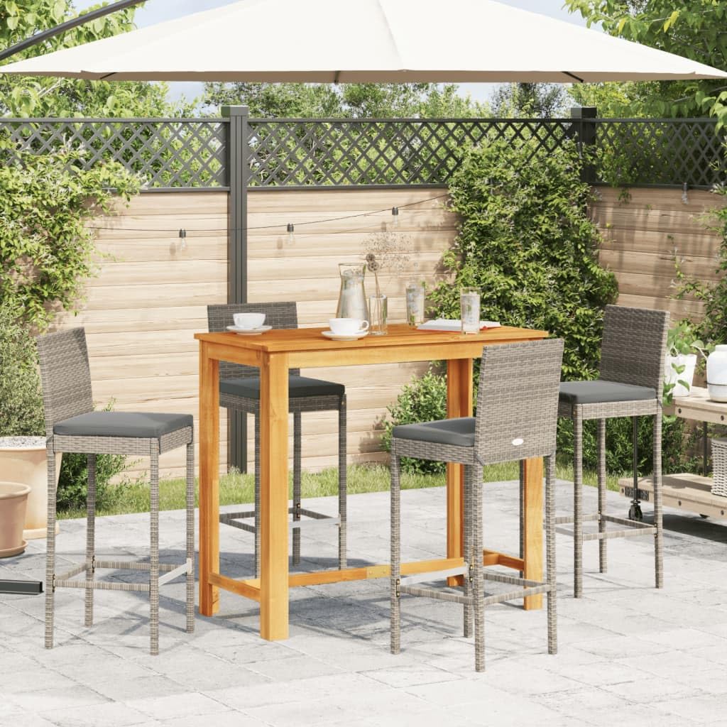 vidaXL Patio Bar Set - Acacia Wood & Poly Rattan Outdoor Furniture - 5-Piece Set with Gray Stools and Table for Garden Deck and Patio