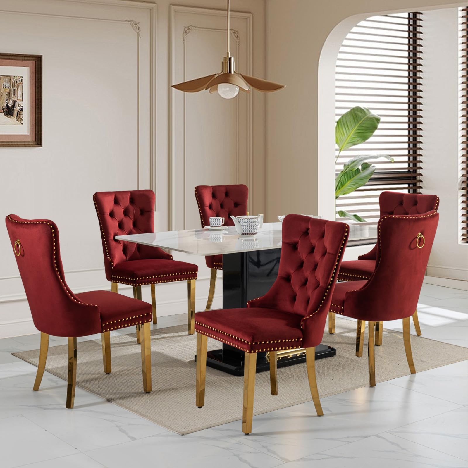 Soarflash Velvet Dining Chairs Set Of 6, Tall Back Side Chair, Modern Upholstered Side Chair With Button Back Ring, Gold Plated