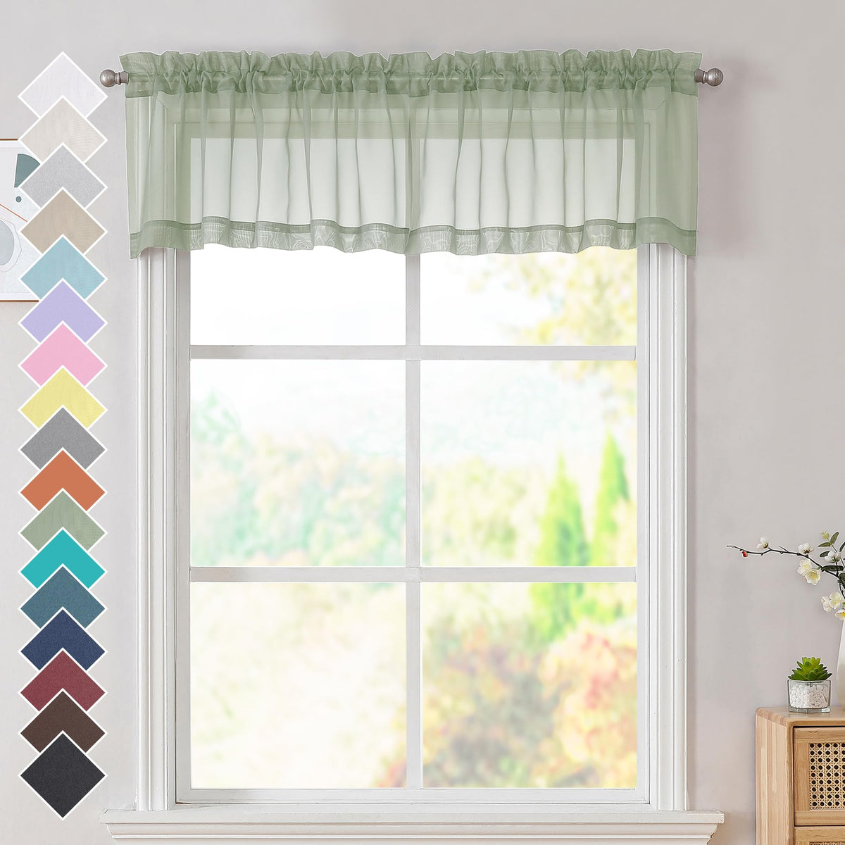 Ovzme 2 Panels Sage Green Sheer Valance - Short Fresh Sheer Curtain Valances For Windows Basement Semi Sheer Valances For Kitche