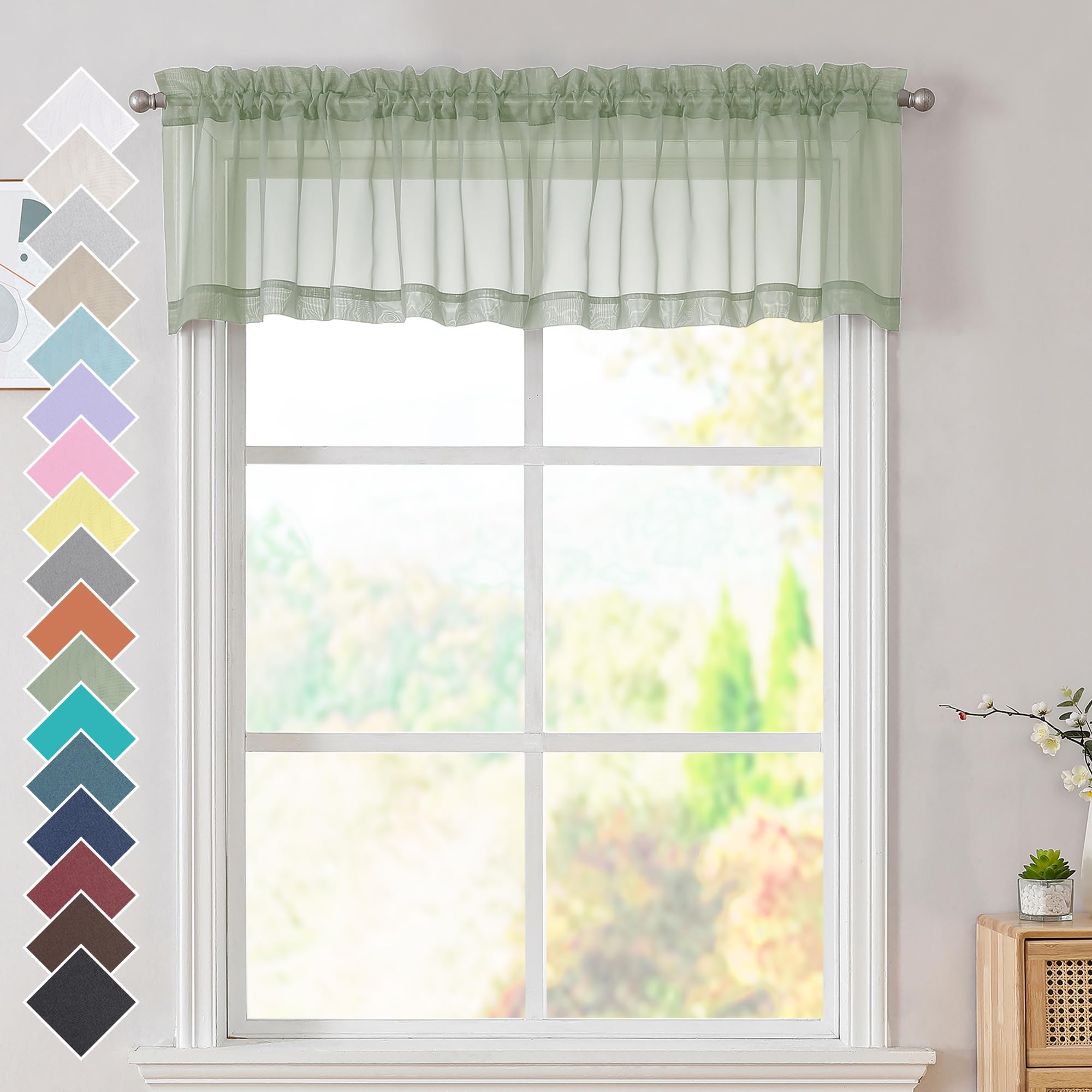 Ovzme 2 Panels Sage Green Sheer Valance - Short Fresh Sheer Curtain Valances For Windows Basement Semi Sheer Valances For Kitche
