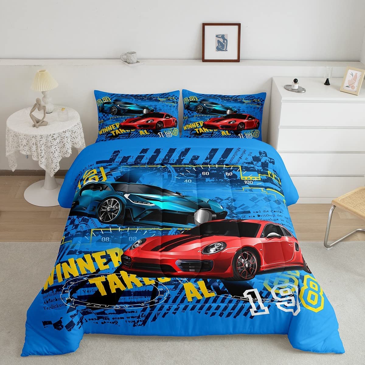 Sports Car Comforter Set Twin Size,Race Car Duvet Insert For Kid Teen Boys Girls Room Decor,Speed Race Sports Car Quilted Duvet,Extreme Sports Theme Quilt Cover With 1 Pillowcase