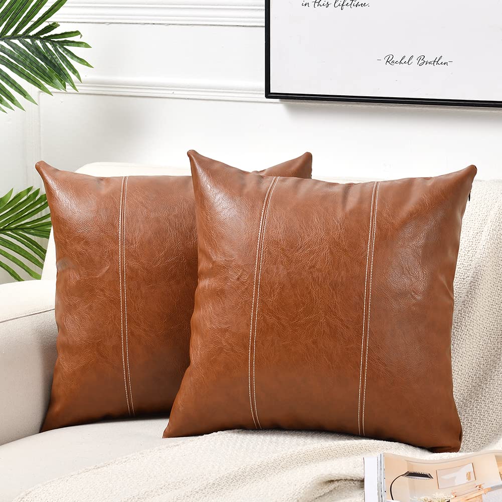 Fancy Homi 2 Packs Hand Stitched Faux Leather Decorative Throw Pillow Covers 20X20 Inch For Living Room Couch Bed, Brown Accent