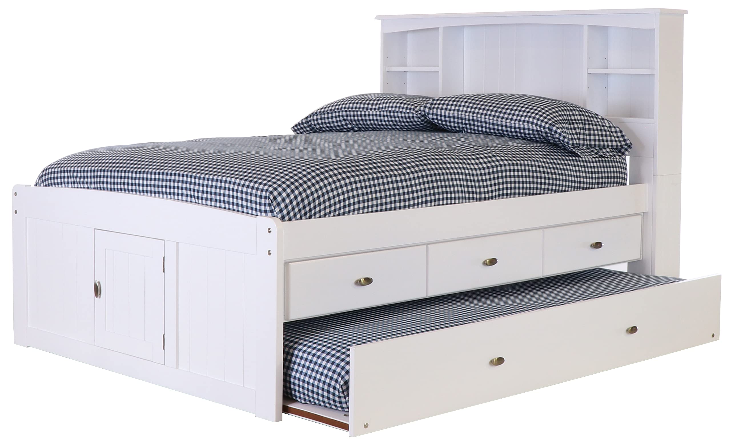 OS Home and Office Furniture Model 80221K3-22 Solid Pine Full Sized Captains Bookcase Bed with 3 Spacious Under Bed Drawers and a Twin Trundle in Casual White