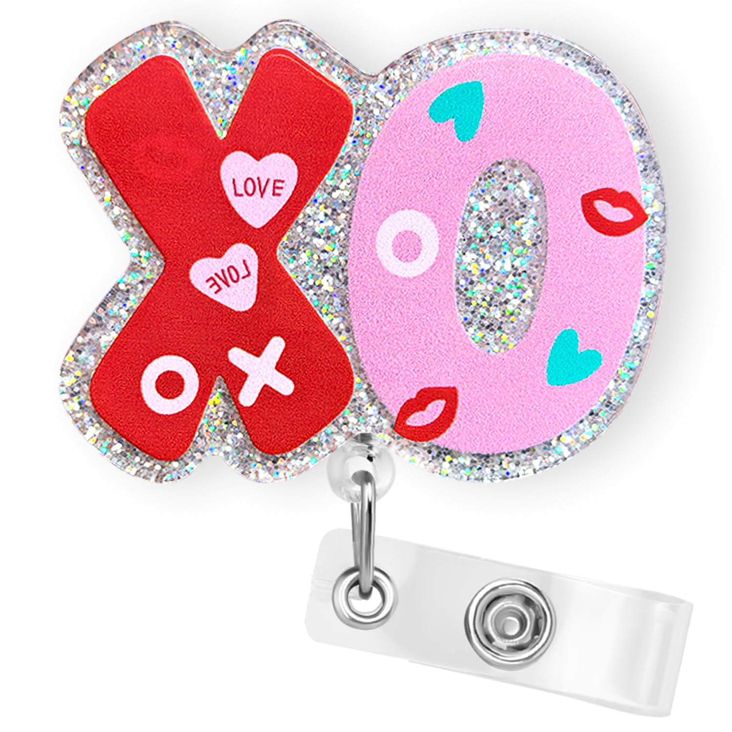 Valentines Day Xo Glitter Badge Reel Holder Retractable | Cute Nurse Vday Gifts Id Badge Reel With Alligator Clip & 24    Durabl