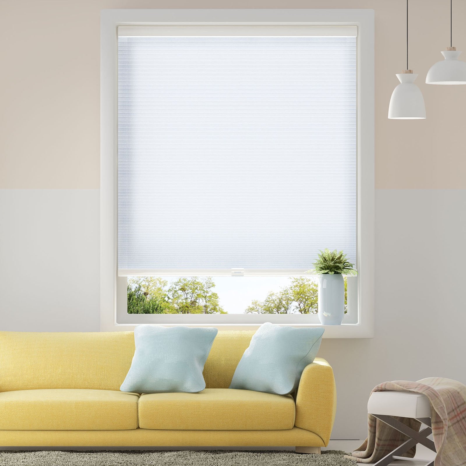 Honeycomb Cellular Shades Cordless Light Filtering for Windows Inside & Outside Mount, 24'' W x 36'' H, White(Light Filtering)