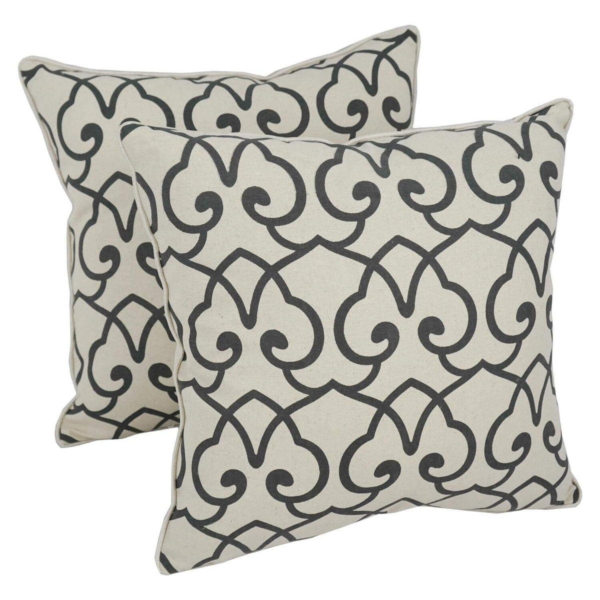 Blazing Needles Corded Printed Throw Pillow, 18&quot;, Black/Off-White Floral 2 Count