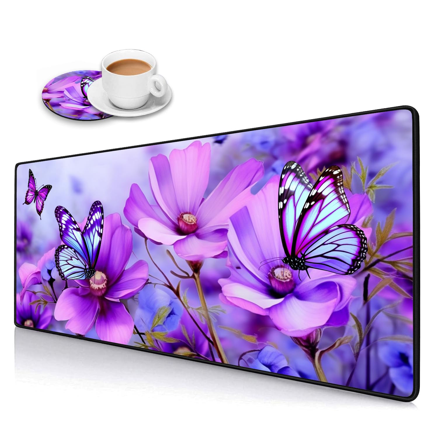 Desk Pad Mat Gaming Mouse Pads With Coasters,Stitched Edges Design Mouse Pad Xxl Large Mouse Pad For Laptop Computers Purple Flo