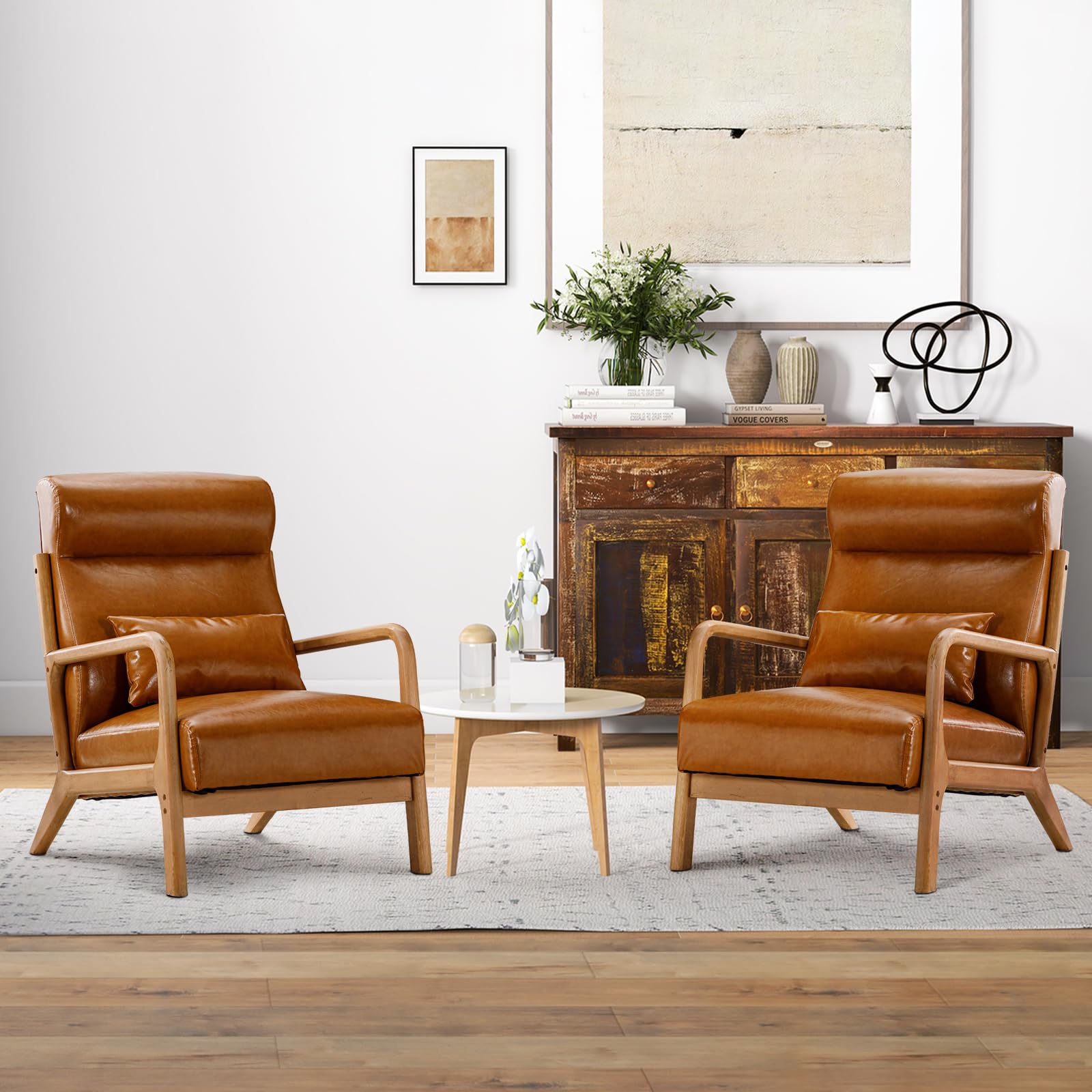 INZOY Mid Century Modern Accent Chair Set of 2, High Back Reading Armchair with Wood Frame, PU Leather Living Room Chairs with W