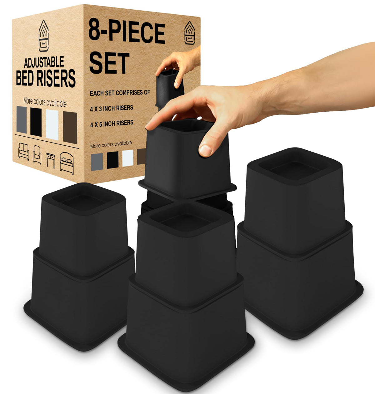 Home Intuition Heavy Duty Adjustable Bed Risers Furniture Riser 3, 5 or 8.7-Inch, 4 Pack, 8-Piece Set (Black)
