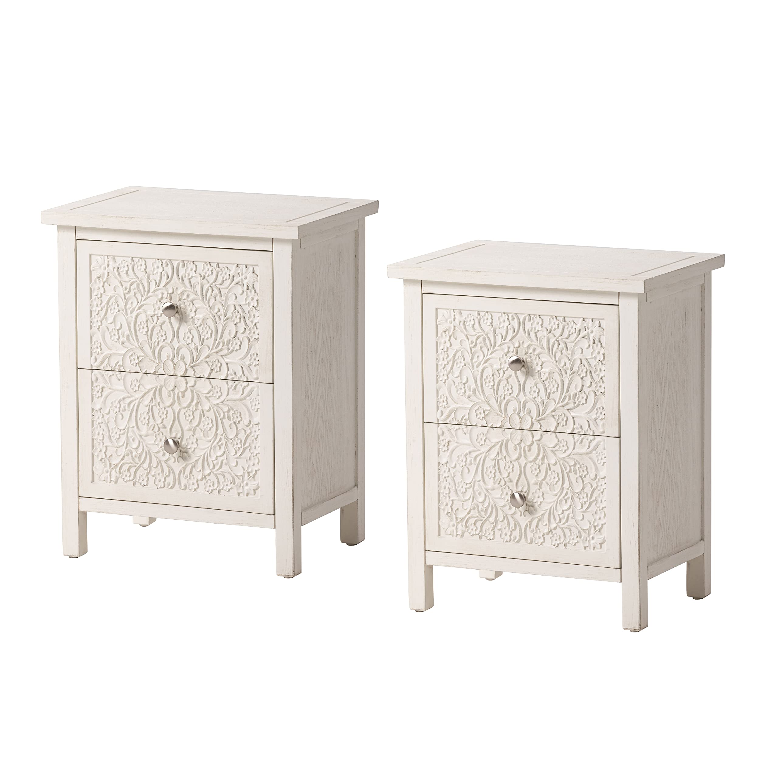 COZAYH Set of 2 Farmhouse Fully-Assembled Nightstand with 2-Drawer, Flower Motif End Table for Small Spaces, French Country, Mod