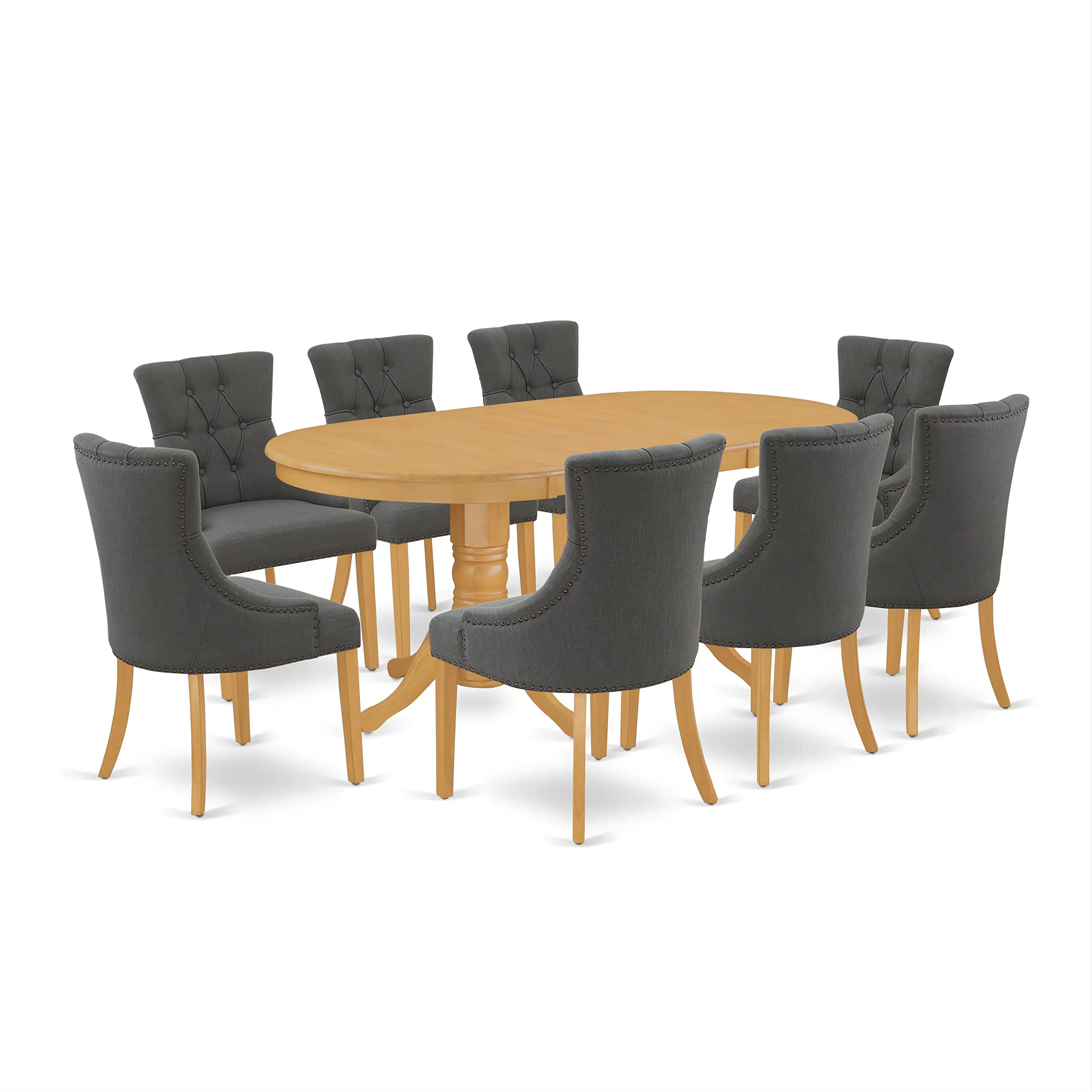 East West Furniture Vancouver 9 Piece Kitchen Set Includes An Oval Table With Butterfly Leaf And 8 Dark Gotham Linen Fabric Parson Dining Chairs, 40X76 Inch, Oak